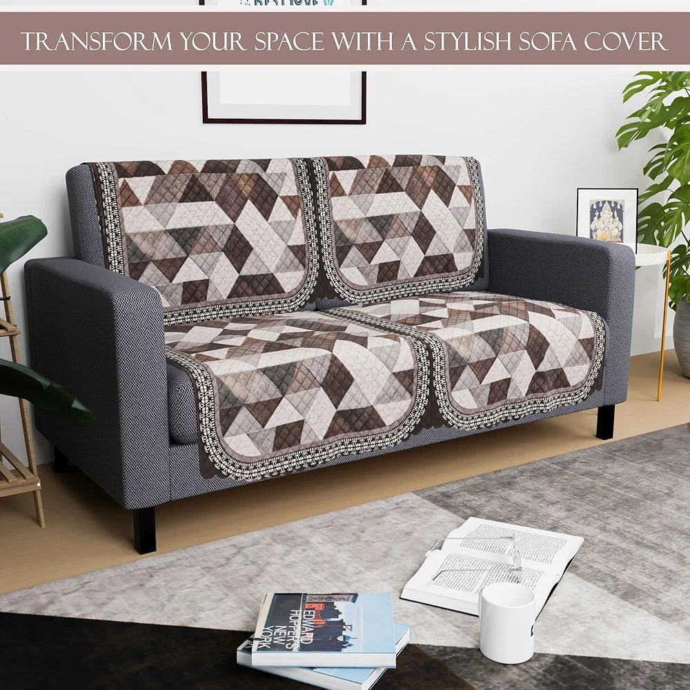 Kuber Industries Set of 4 Durable 2 Seater Sofa Cover for Living Room | Easy Machine Washable Sofe ke cover for Protection & Comfort for Home Furniture | Triangle Print - White & Brown